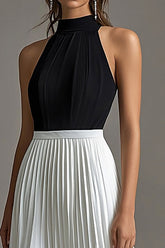 Schwarzes Neckholder A-Linie Plissee Chiffon Ballkleid